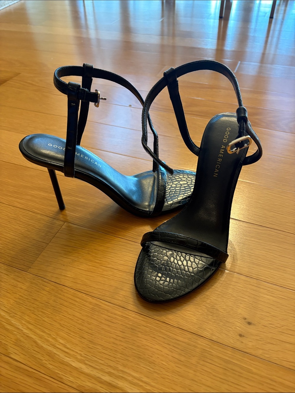 Good American Black Textured Strap Stiletto Sandals